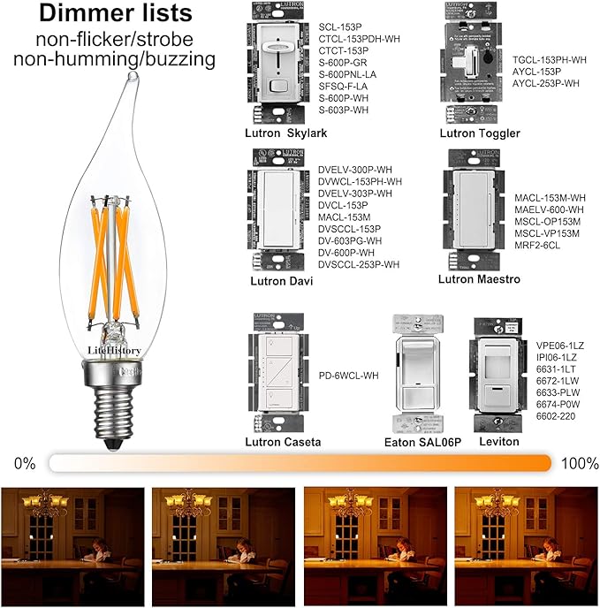 LiteHistory E12 led Bulb Dimmable 6W Equal 60 Watt LED Light Bulbs 2700K AC120V led Edison Bulb CA10 CA11 led Candelabra Bulb for Chandelier Light Bulbs and Ceiling Fan Light Bulbs 600LM Clear 12Pack