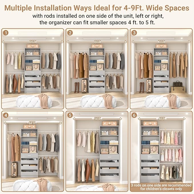 Aheaplus Closet System, 4-9Ft Closet Organizer with 4 Wooden Drawers, Wood Closet Organizer System with Tower, Walk-in Closet Organizer Wardrobe Garment Clothes Rack with 4 Hanging Rods, Grey