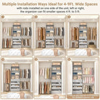 Aheaplus Closet System, 4-9Ft Closet Organizer with 4 Wooden Drawers, Wood Closet Organizer System with Tower, Walk-in Closet Organizer Wardrobe Garment Clothes Rack with 4 Hanging Rods, Grey