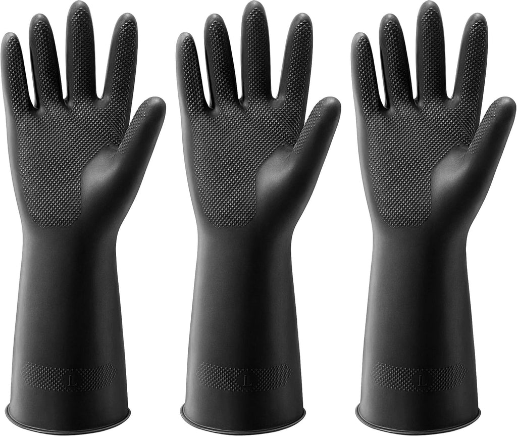 ThxToms 3 Pairs Dishwashing Gloves, Reusable Latex Cleaning Gloves for Housework Kitchen Bathroom, Durable Flexible & Anti-slip, Smooth Lining, Easy On & Off, Large, Black