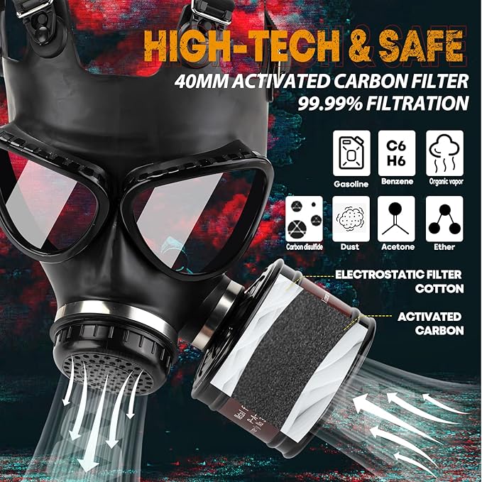 Gas Masks Survival Nuclear and Chemical, Gas Mask with 40mm Activated Carbon Filter, Tactical Full Face Respirator Mask for Chemicals, Gases, Paint, Vapors, Welding