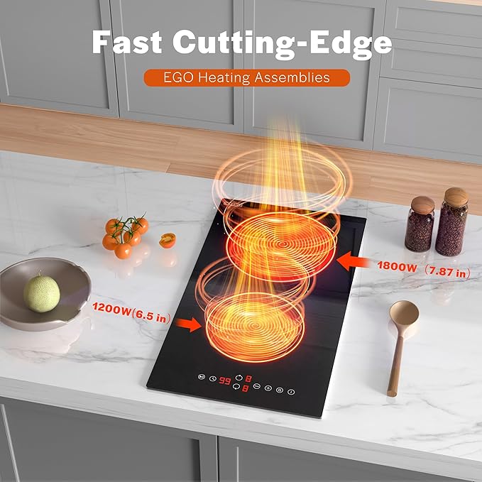 Empava 3000W Cooktop 2 Burner, Built in Infrared Electrical Stove Top for Kitchen 208~240V Hard Wired, No Plug, ETL Certified, Black, 12 Inch Radiant