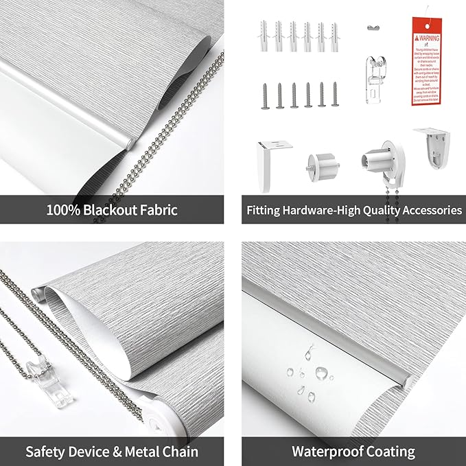 ALLBRIGHT 100% Blackout Roller Blinds Woven Shades with Striped Jacquard, Cordless Window Shades, UV Protection Fabric, Easy-Install for Indoor Home & Office, Grey Old, 52" W x 72" H