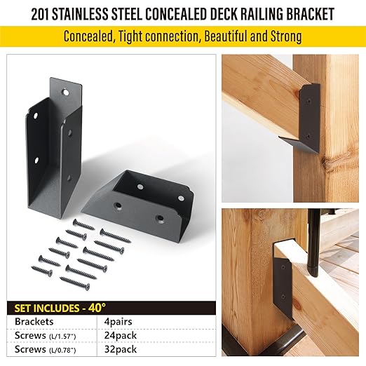 201 Stainless Steel 2" x 4" (1 ½" x 3 ½" Actual) Deck Railing 40° Stair Connectors, for Deck Railing Stair Handrail Connection Installation Deck Railing Bracket (4 Pair-Black)
