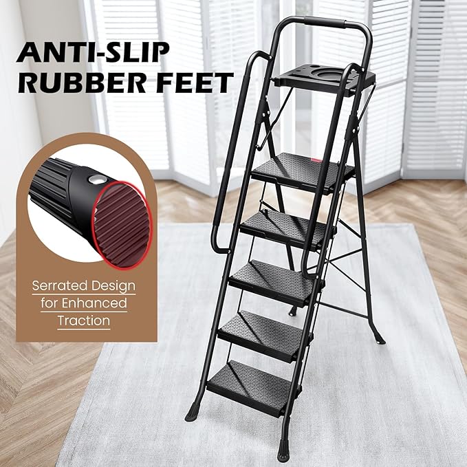 KINGRACK Step Ladder, Portable Folding Step Stool with Anti-Slip Wide Pedals, Heavy Sturdy Steel with Handrail, Safe-Lock Design, 800lbs Load Capacity, for Home and Kitchen, Black (5 Step Ladder)