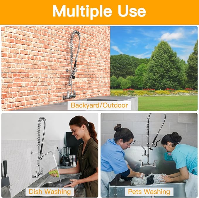 Commercial Sink Faucet with Sprayer 36"Height 8"Center Brass Constructed Wall Mount Commercial Kitchen Faucet with Pull Down Pre-Rinse Sprayer and 12" Swing Spout for 2/3 Compartment Sink(36")