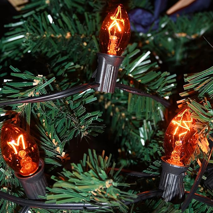 SUNSGNE 25 Pack C7 Orange Light Bulbs Halloween Christmas Replacement Bulbs, C7 Clear Orange Incandescent Light Bulbs for Outdoor Patio Xmas String Lights, E12/C7 Candelabra Base, 5 Watts
