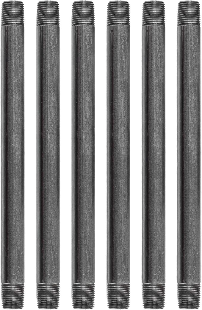 PIPE DÉCOR 1/2” x 11” Malleable Cast Iron Pipe Nipple, Pre-Cut Connectors, Industrial Steel Grey Fits Standard Half Inch Black Threaded Pipes Nipples and Fittings, Build Vintage DIY Furniture, 6 Pack