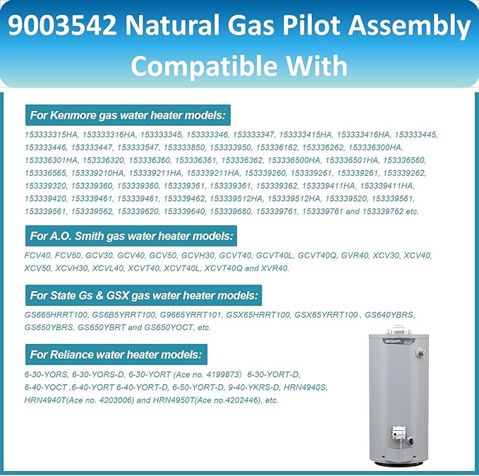 Long Term 9003542 Pilot Assembly Replacement for Natural Gas Water Heater, Compatible with Reliance, A.O.Smith, Kenmore, State GS and GSX, Replaces 100109295,9003542005