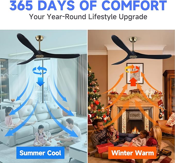 60" Gold and Black Ceiling Fan with Remote Control, Rustic Ceiling Fan without Lights for Indoor/Outdoor - Modern Design, Powerful Airflow, Silent Operation