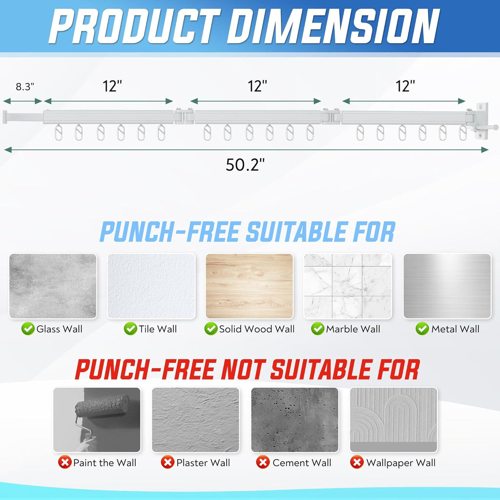 Clothes Drying Rack Wall Mounted Foldable, Retractable & Collapsible(Tri-Fold) Space-Saving Laundry Drying Rack for Indoor & Outdoor Use - Laundry Rooms, Bathroom & Balconies (White)