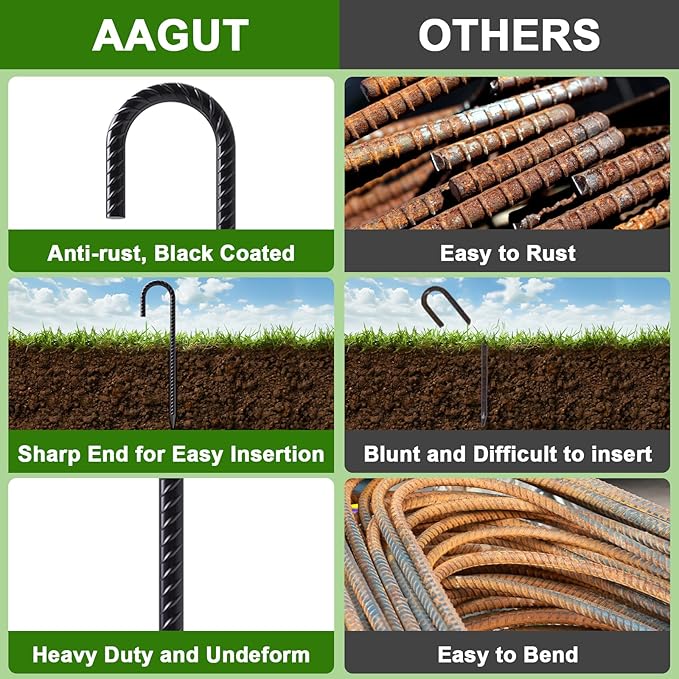 AAGUT 16 Inch 8 Pack Rebar Stakes 3/8" Heavy Duty J Hook Chain Link Fence Stakes with Chisel Point End Steel Ground Anchors for Tent and Outdoor Decorations, Black Coated