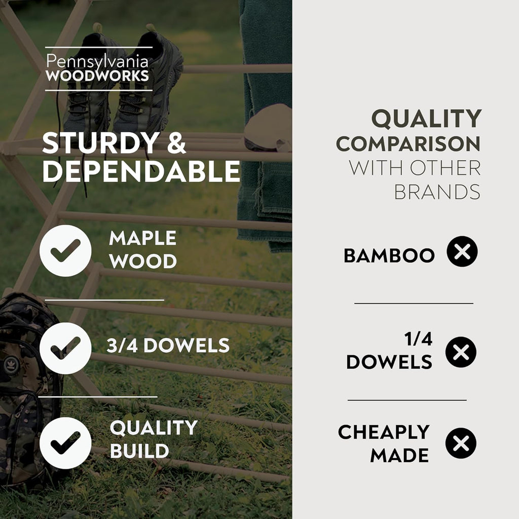 Pennsylvania Woodworks Premium American Maple Clothes Drying Rack - Handcrafted in Pennsylvania - Solid Wood Construction, Collapsible, Eco-Friendly Laundry Solution (Medium)