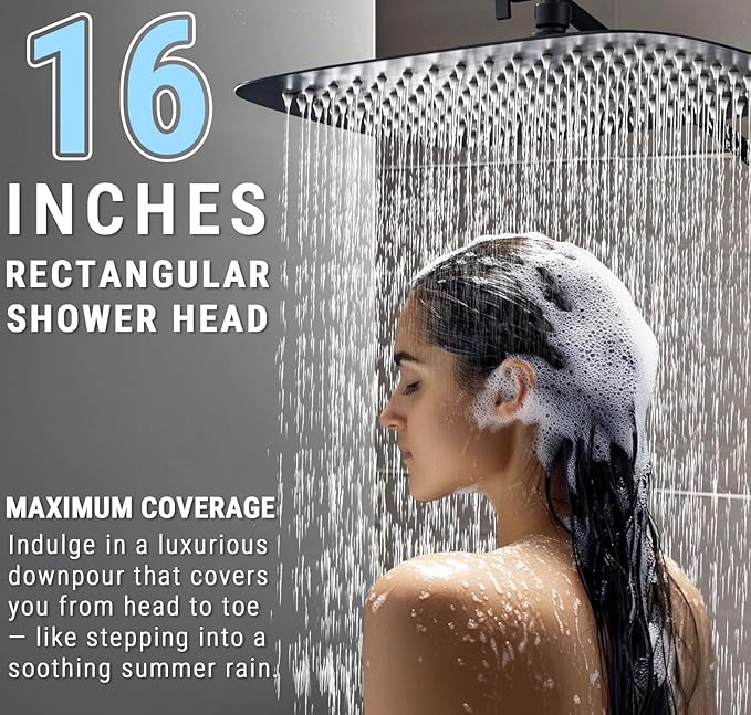 G-Promise All Metal 16 Inch Shower Head with Massage Mode Handheld, Rain Shower Head with Handheld Spray Combo, 3-Way Diverter with Pause Setting, 12 Inch Adjustable Extension Arm (Matte Black)