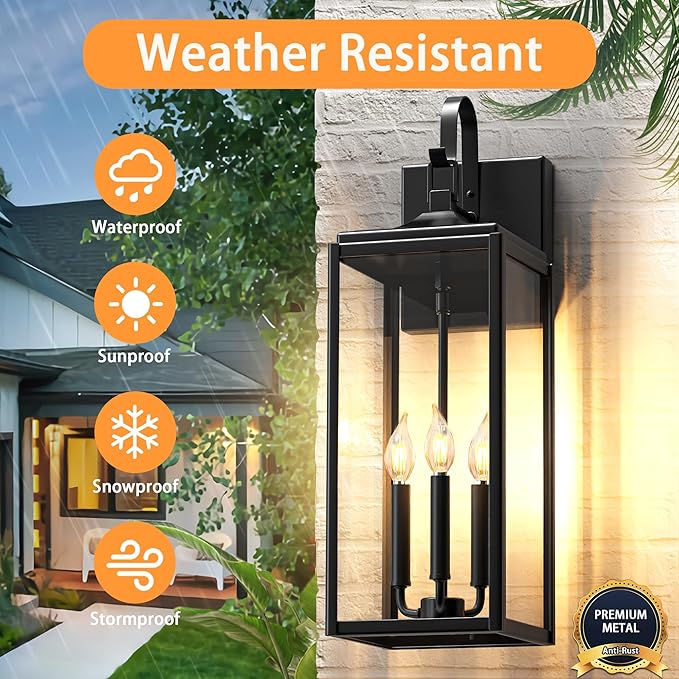24" Extra Large Outdoor Wall Light 2 Packs, Black Exterior Lighting Fixtures Outdoor Porch Lantern Wall Mounted, Waterproof Modern Outside Wall Sconce, E12 3-Light Coach Lamp for House Patio Garage
