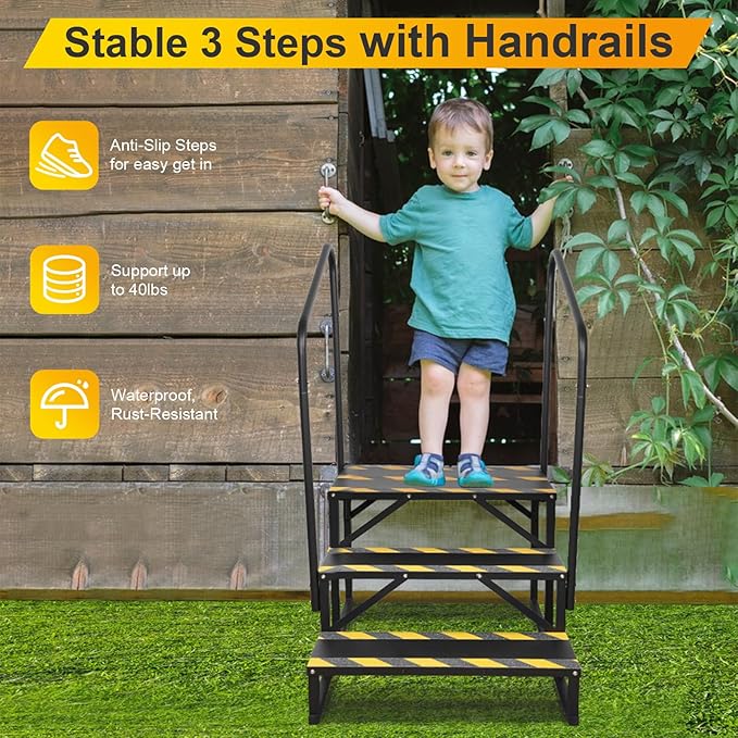 RV Steps with Handrail, Hot Tub Steps with Handrail, Portable Stairs Steps for 5th Wheel RV, Mobile Home Stairs Outdoor RV Step (3 Steps with 2 Handrails)