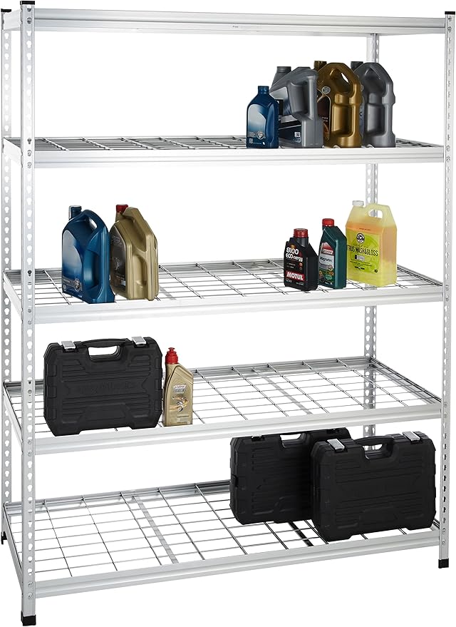 Amazon Basics 4000IBS Heavy Duty Adjustable Storage Shelving Unit, 5 Shelf, High-Grade Aluminum, Silver, 60 x 24 x 78 Inch