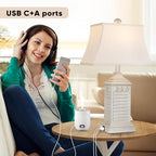 Hamucd Coastal Table Lamps Set of 2, Beach Living Lamps for Bedroom with USB A+C, Washed White Modern Resin LED 3-Color Temperature Bedside Nautical Decor, Nightstand Tropical Lamps for End Table.