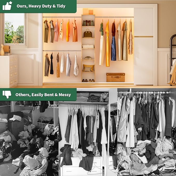 Closet System, 17" Wide Organizer with 3 Hanging Rods, Wood Tower Storage for Walk-In Closets, Wall-Mounted Wardrobe Organizer, Fits Spaces 5-9 ft