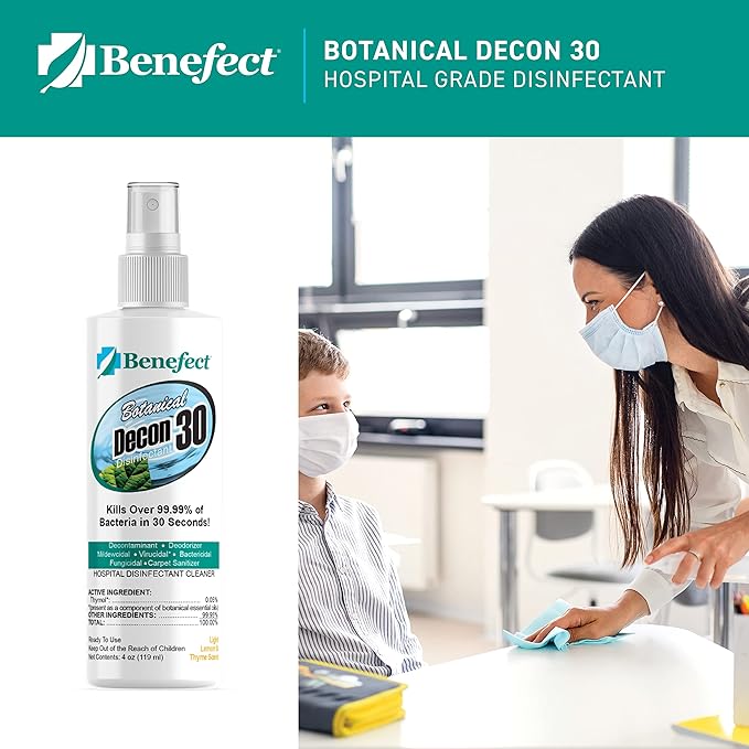 Benefect Botanical Decon 30 Disinfectant Cleaner, 4 oz. Spray Bottle, Light Lemon & Thyme Scent, Hospital Grade Disinfectant, Kills Over 99.99% of Germs, Safe for Food-Contact Surfaces