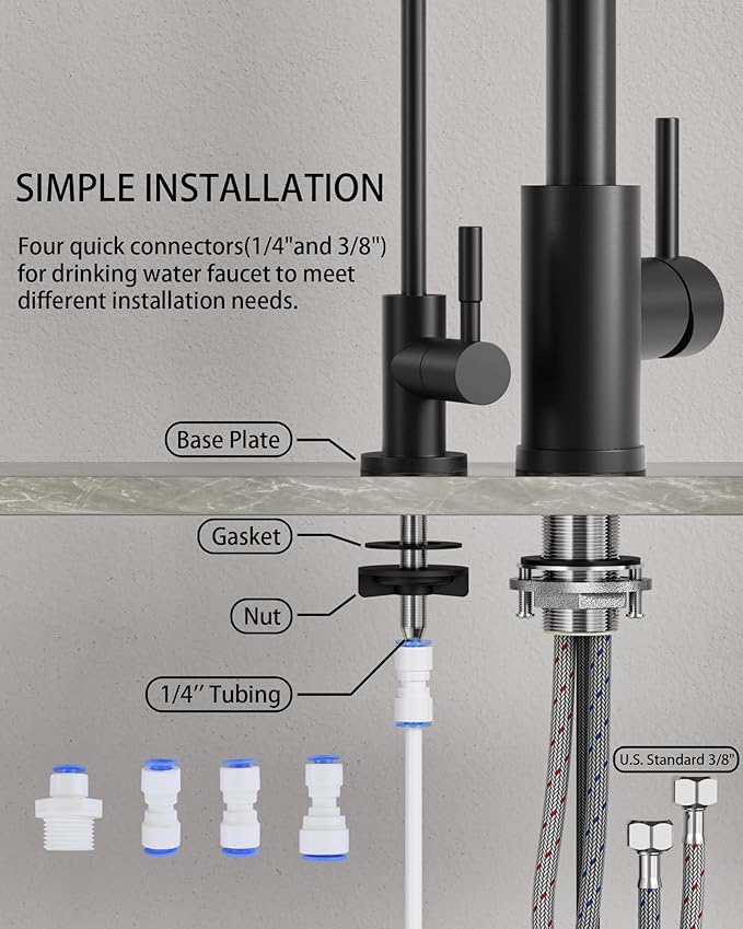 Kitchen Faucet and Water Filter Faucet: ARCORA Stainless Steel Kitchen Sink Faucet with Drinking Water Faucet - Black Single Handle Tap with Pull Down Sprayer for Kitchen Sink Farmhouse Bar