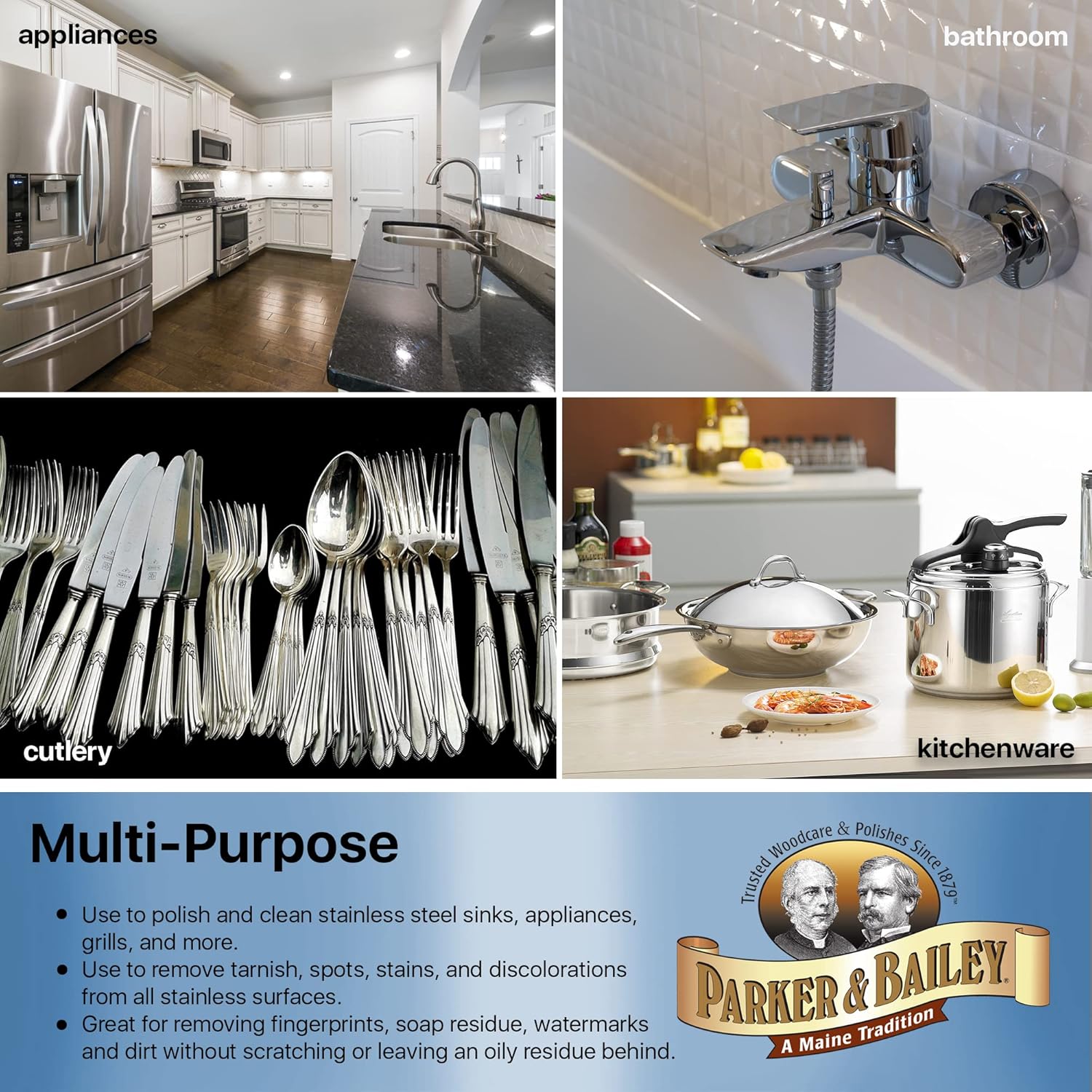 Parker & Bailey Stainless Steel Polish - Best Cleaner for Appliances Sink Grill Cookware Clean, Restore Kitchen Cleaning Supplies Stain Remover