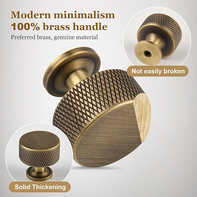 Antique Brass Kitchen Cabinet Knobs 2 Pack, 1.1Inch Knurled Pulls for Dresser and Drawers, Furniture Hardware Handles for Cupboard Wardrobe Vanity Closet Door