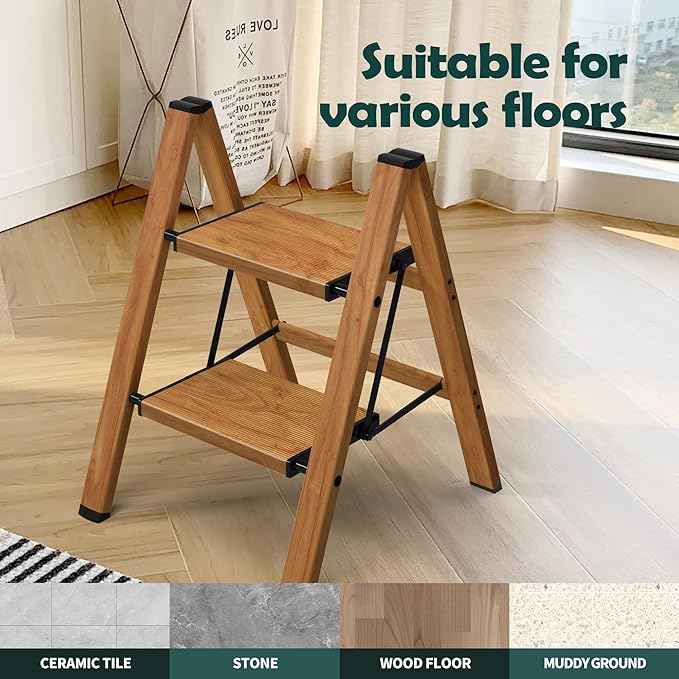 Taranta 2 Step Ladder,Aluminum Lightweight Folding 2 Step Stool with Anti-Slip Wide Pedal, 330lbs Capacity Step Ladder for Household,Kitchen,Office - Woodgrain