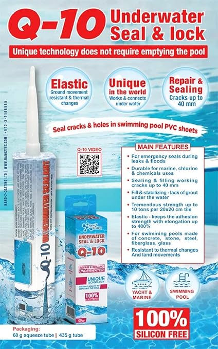 Nano Q10 Underwater Seal & Lock - Leak and Crack Repair Without Emptying The Pool, Reservoir, or Tank. Eco-Friendly Under Water Adhesive, Stays Flexible, Waterproof, and Chlorine Resistant (10.5 Oz)