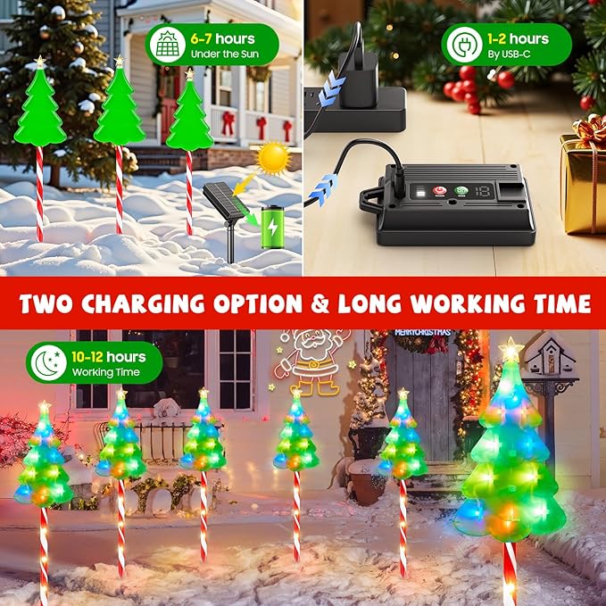 25" Larger Outdoor Christmas Decorations, 6 Pack Colorful Solar Candy Cane Christmas Tree Lights with 10 Lighting Modes and Bright 102 LED, Waterproof Solar Christmas Tree for Pathway Yard