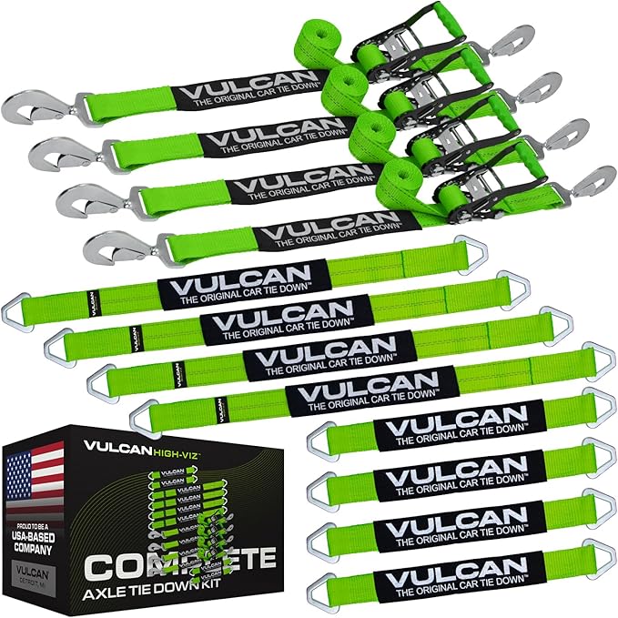 VULCAN Complete Axle Strap Tie Down Kit with Snap Hook Ratchet Straps - High-Viz - Includes (4) 22 and (4) 36 Inch Axle Tie Downs, and (4) 8' Snap Hook Straps