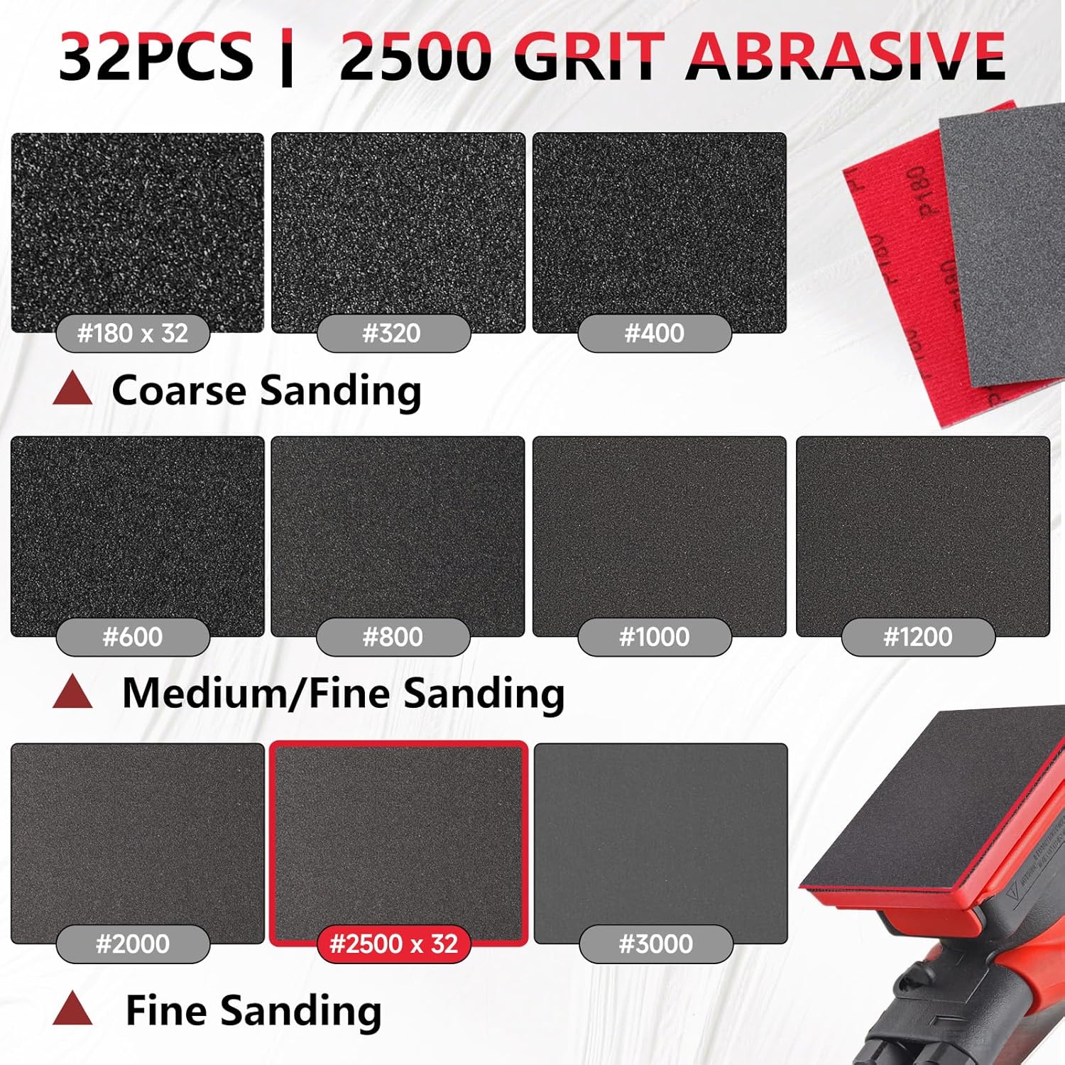 32-Pack 3x4 Inch 2500 Grit Hook & Loop Sanding Sponges - Wet/Dry Foam Pads for Premium Surface Finishing on Metal, Automotive, Wood & Models