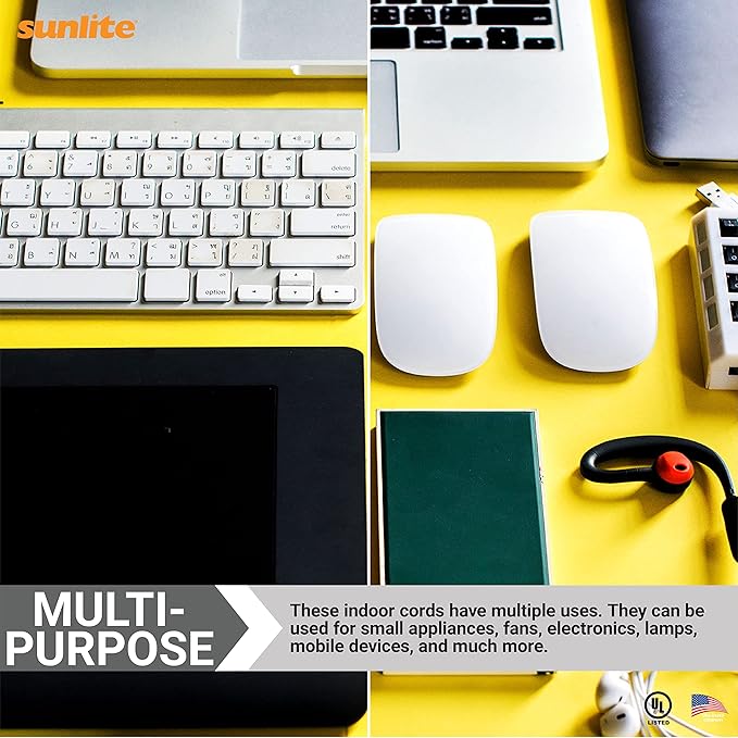 Sunlite 04130-SU 15-Foot Household Extension Cord, Three 2-Prong Polarized Sockets, Tamper Guards, Indoor Use, For Small Appliances, Electronics, Lamps, Fans, Mobile Devices, UL Listed, White