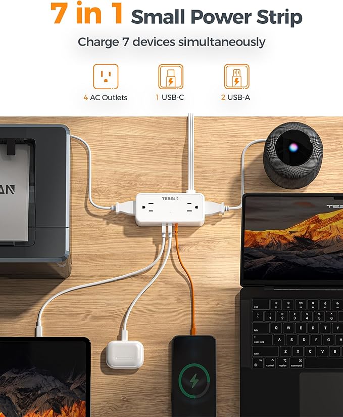 TESSAN 5 FT White Extension Cord, 900J Surge Protector Small Power Strip with 3 USB Ports (1 USB C), Flat Plug Power Strip, Mini Charging Station Suitable for Home Office Dorm