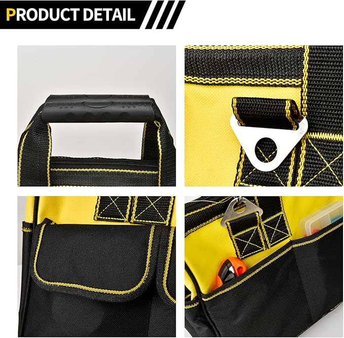 Heavy Duty Tool Bag 16-Inch, 16-Pocket Portable Tool Bag Organizer with Adjustable Shoulder Strap,Soft Handle Large Zipper Carrying Tool bags with Wide Mouth and Waterproof Strong Molded Base