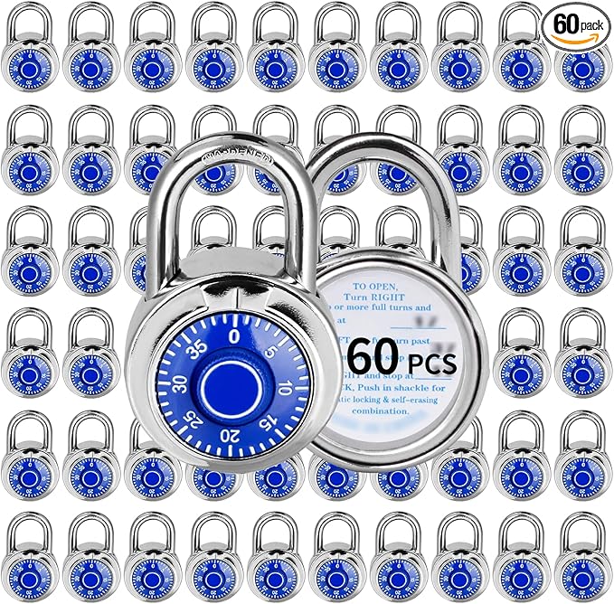 Combination Lock, LQYN Standard Dial Combination Lock, Pack of 60; Blue Turnplate, 2 in. Wide, Fixed Three Digital Combination, for School, Gym & Locker, Toolbox, Gate
