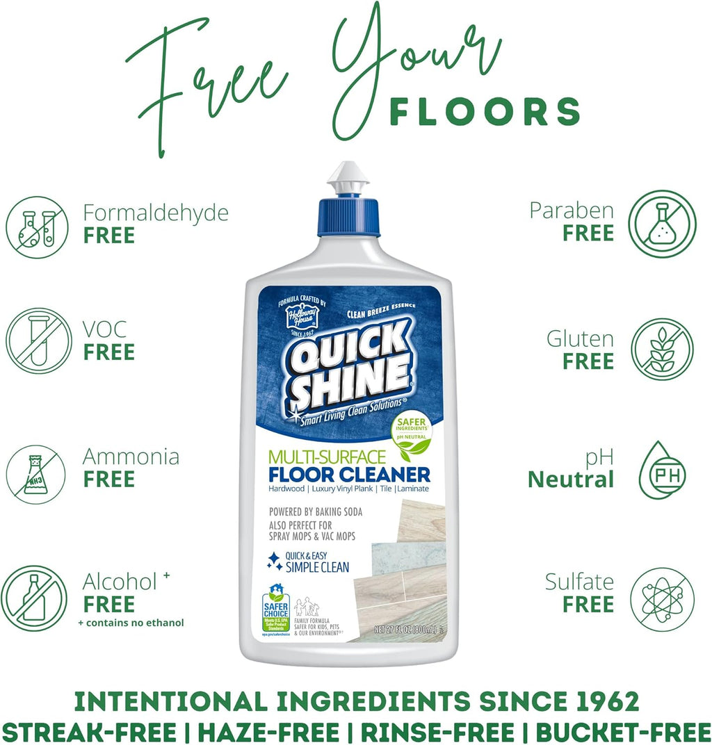 Quick Shine Multi Surface Floor Cleaner 27oz, 6Pk | Ready to Use-Streak Free- No Rinse | Use on Hardwood, Laminate, Luxury Vinyl Plank & Stone | Use in Spray Mops & Vac Mops | Safer Choice Cleaner