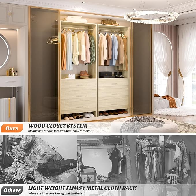 Aheaplus Closet System Closet Organizer, Wood Closet Organizer System, Walk-in Closet or Small Closets Wardrobe, Clothes Rack with Hanging Rods, 8FT Closets, Set of 4, -D1, White Oak