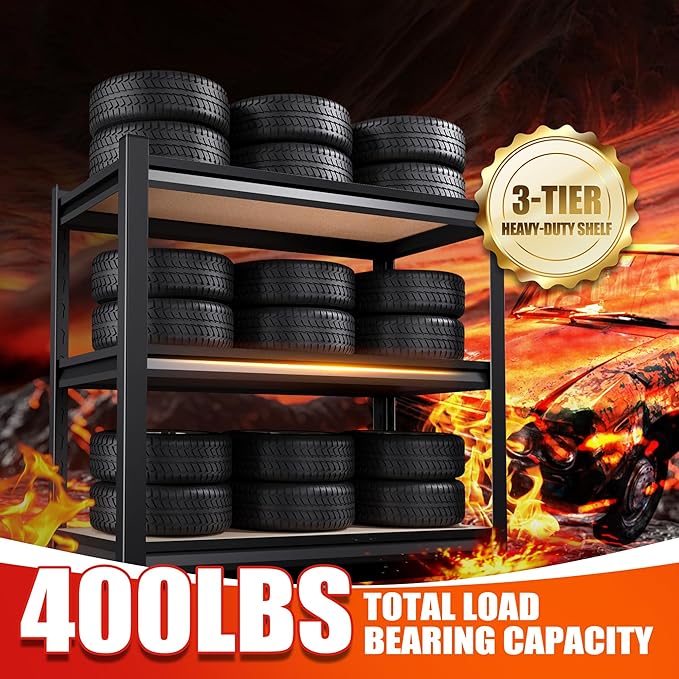 Garage Shelving,3 Tier Garage Storage Shelves,Adjustable Heavy Duty Metal Shelving Units and Storage Large Rack,Utility Steel Shelf For Shop Warehouse Industrial Pantry Basement Organizers 33"x35"x16"