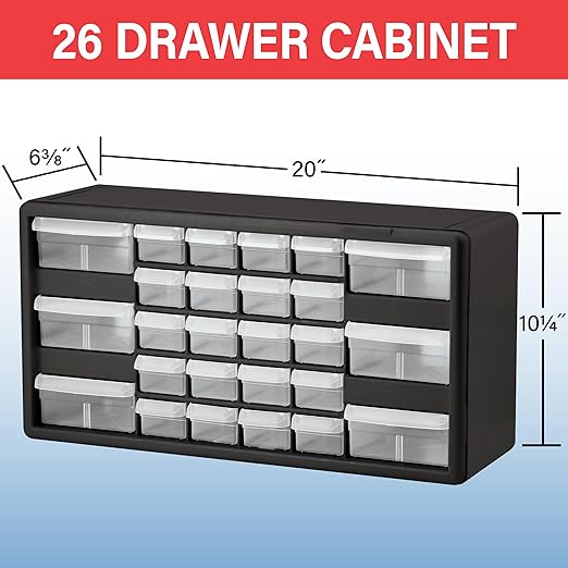 Akro-Mils 26-Drawer Plastic Drawer Storage Cabinet for Garage Organization, Bead Organizer, Building Bricks Storage, Teacher Toolbox, Makeup Organizer, 20" W x 6" D x 10" H, 10124 White