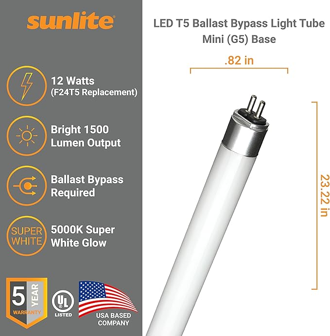 Sunlite 41202 LED T5 Ballast Bypass Light Tube (Type B) 2 ft, 12 Watt (F24T5 Fluorescent Replacement), 1500 Lumens, Mini G5 Base, Dual End Connection Shatterproof UL Listed, 5000K Daylight, 10 Pack