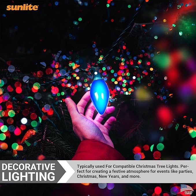 Sunlite Incandescent C9 Colored Night Light Bulb, 7 watts, 120 Volts, Intermediate E17 Screw Base, 2000 Rated Hours, Christmas-Lights Nightlight, Transparent Blue, 25 Pack