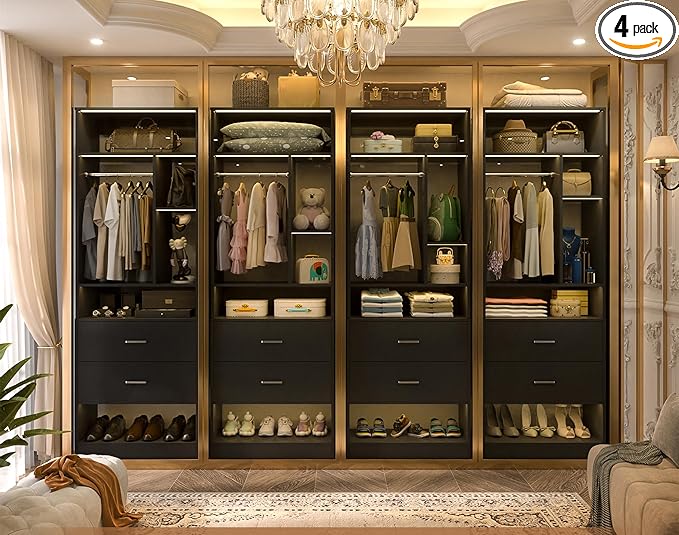 8FT Closet System with 8 Wood Drawers, 96" Closet Organizer System with 20+ Small Shelves & 2 Hanging Rods, Walk-in/Nursery Closet Systems, Set of 4, Black (96" L x 15" W x 80" H)