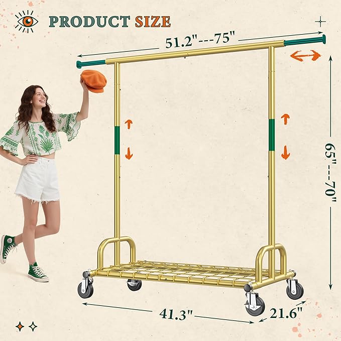 Raybee Heavy Duty Clothes Rack, Gold Clothing Racks for Hanging Heavy Clothes 200+, Rolling Clothing Rack Load 485 LBS, Extendable & Adjustable Portable Commercial Garment Rack with Wheels, Gold