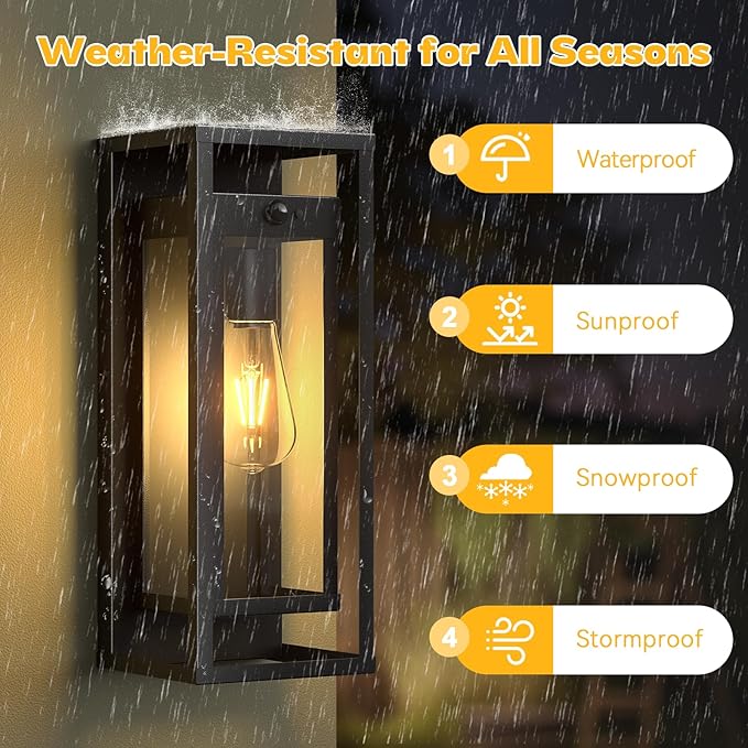 Motion Sensor Outdoor Wall Light 2Pack-15in Modern Dusk to Dawn Porch Sconce Wall Mounted Waterproof Exterior Lighting Fixture E26 Black Lantern for Outside House Garage Entryway