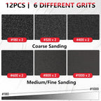 12-Pack 3x4 Inch Sanding Sponge Set (180-1000 Grit) - 6-Grit Hook & Loop Foam Pads for Full-Stage Sanding on Metal, Wood & Automotive