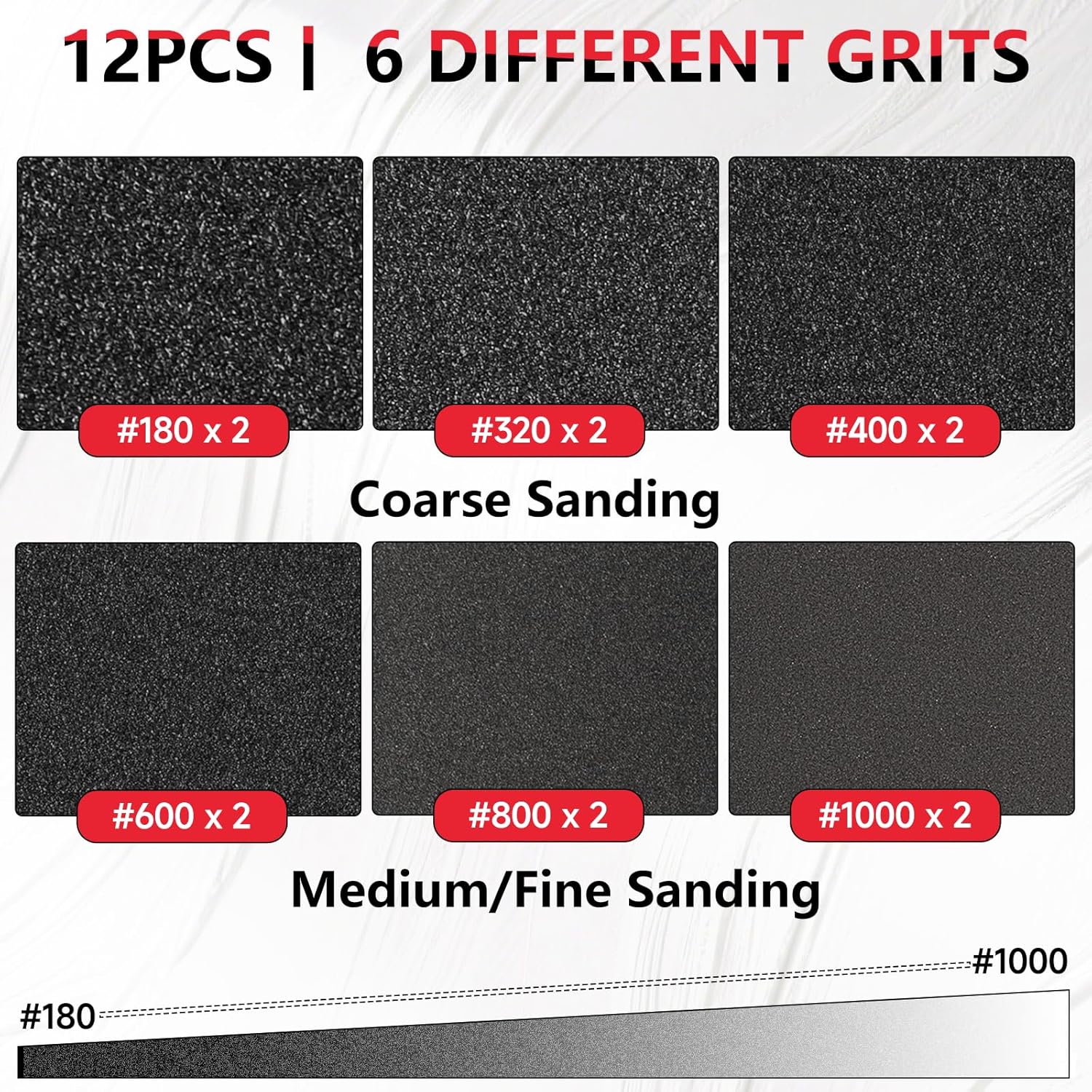 12-Pack 3x4 Inch Sanding Sponge Set (180-1000 Grit) - 6-Grit Hook & Loop Foam Pads for Full-Stage Sanding on Metal, Wood & Automotive