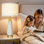 29" Ceramic Table Lamps Set of 2 with Night Light - Lamps for Nightstand,Bedside Lamps with USB Ports,Nightstand Lamps,Modern Table Lamps with White Linen Shade for Living Room,Bedroom(Bulb Included)