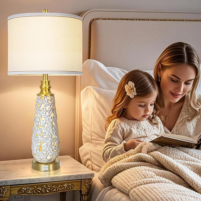 29" Ceramic Table Lamps Set of 2 with Night Light - Lamps for Nightstand,Bedside Lamps with USB Ports,Nightstand Lamps,Modern Table Lamps with White Linen Shade for Living Room,Bedroom(Bulb Included)