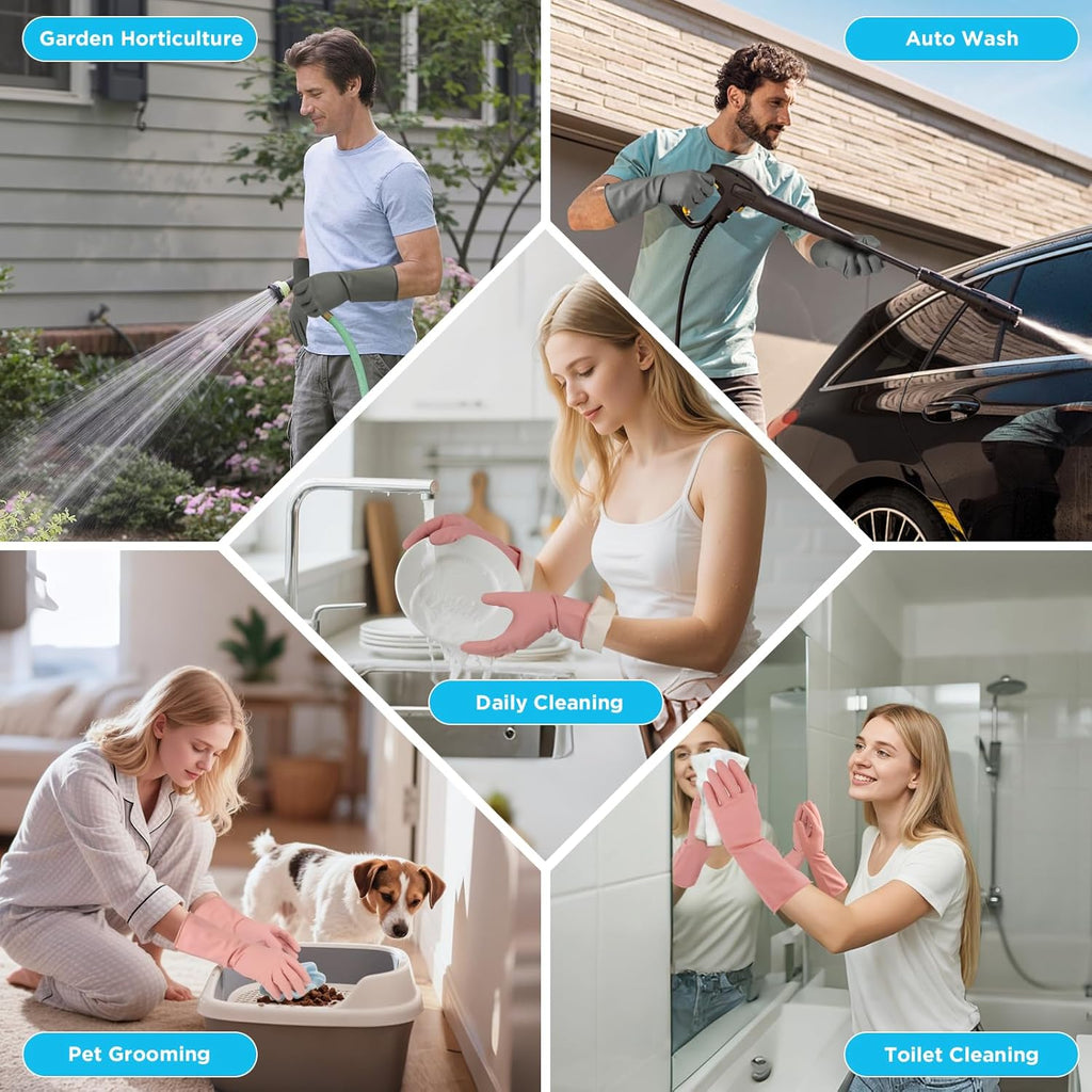 2 Pairs Household Gloves for Cleaning Rubber Dishwashing Gloves Reusable No-slip Water Resistant Medium for Women and Men（Pink+Grey）